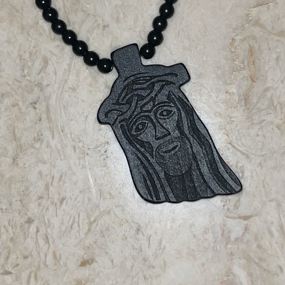 All Black Wooden Jesus Piece Necklace - Picture 3 of 4